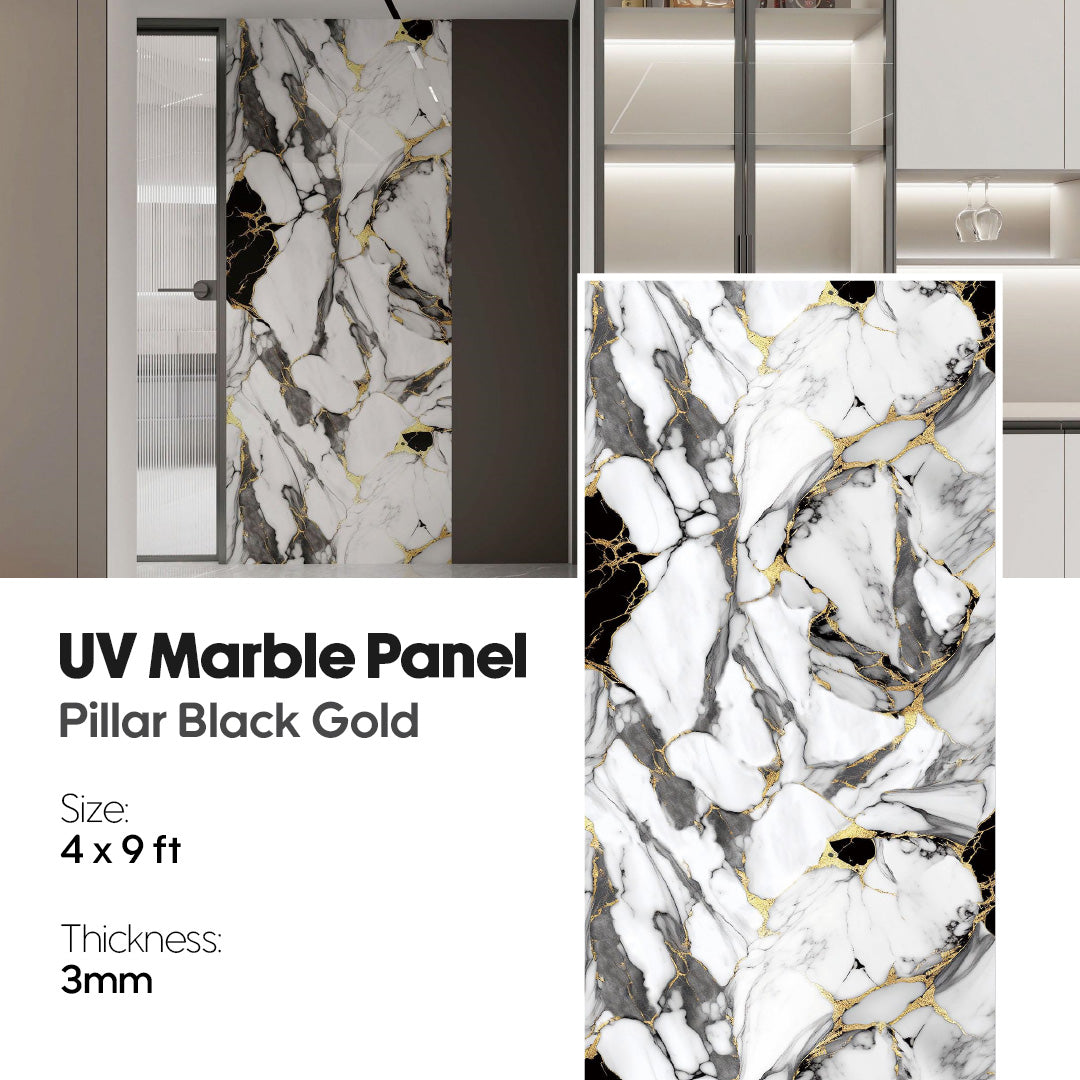 UV Marble Panel with 'Pillar Black Gold' design on a white background, uv marble, uv marble sheet, marble, pillar black gold