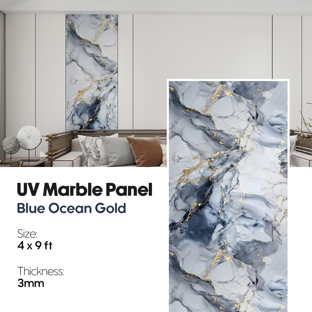 Marble panel with blue and gold design in a room setting , uv marble, blue ocean gold, marble, wall panel