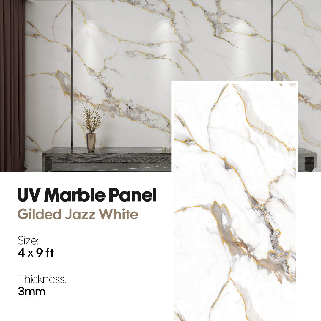 UV Marble Panel with gilded jazz white pattern on a marble wall, uv marble, marble, gilded jazz white, marble