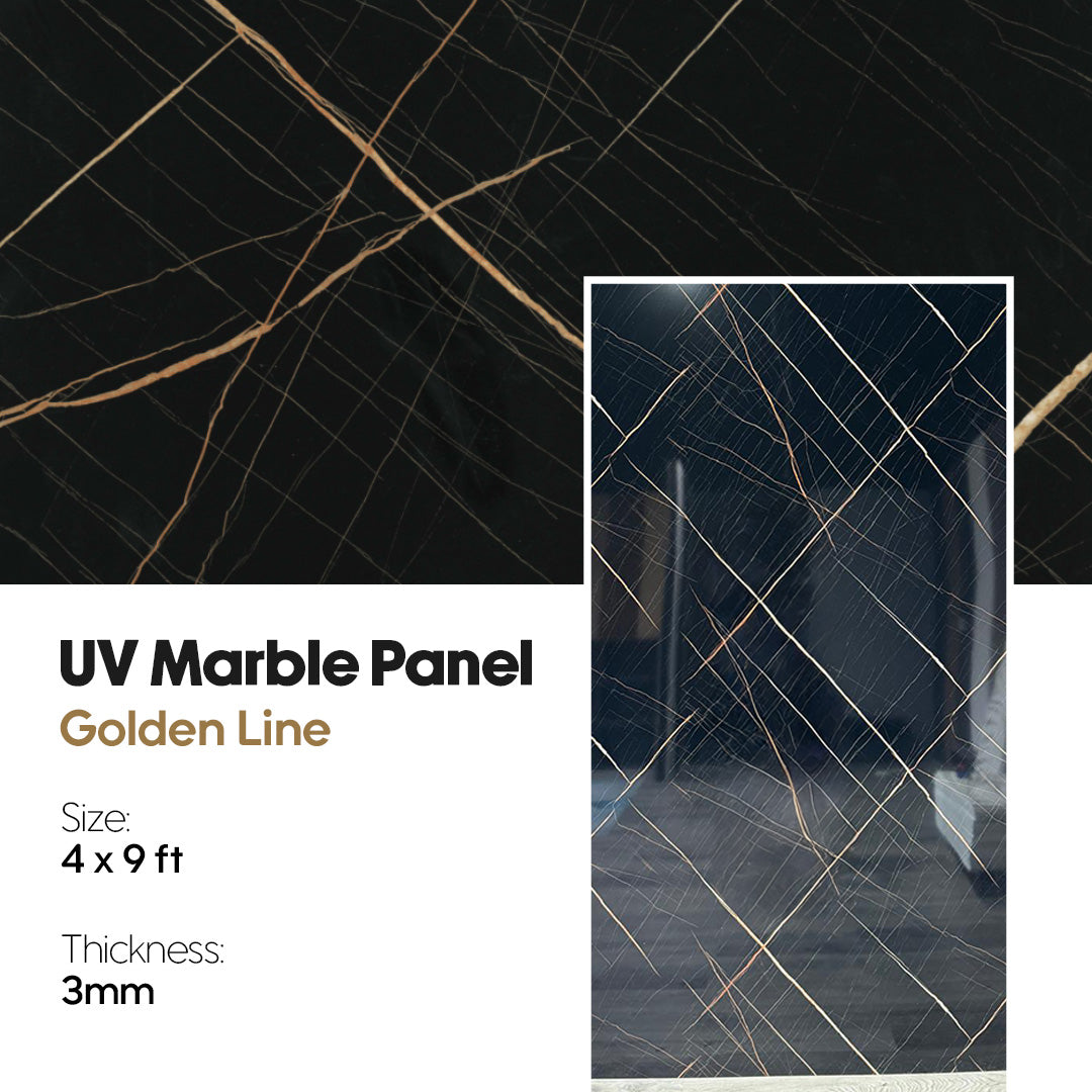 UV Marble Panel with Golden Line design on a black background, uvmarble, marble, marble panel, uv marble panel, golden line