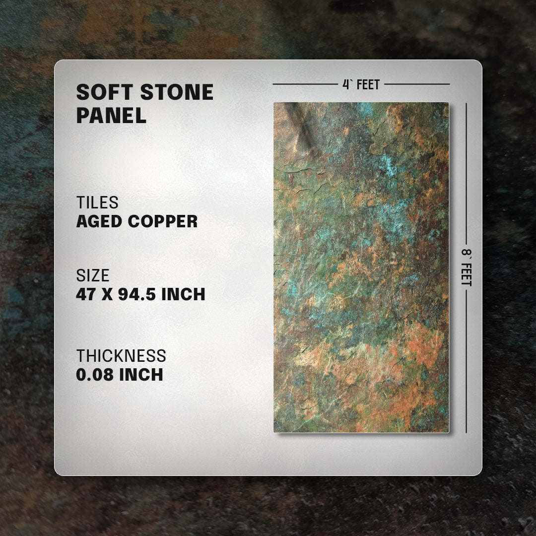 Soft stone panel with aged copper tiles on a textured background, aged copper, aged copper soft stone panel, soft stone, faux stone, wall panel