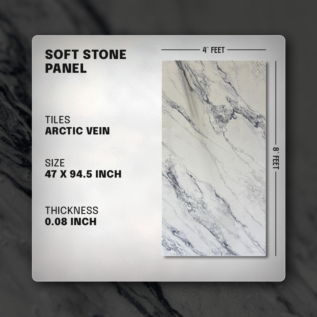 Soft stone panel with marble pattern and product details on a gray background, soft stone, faux stone, wall panel