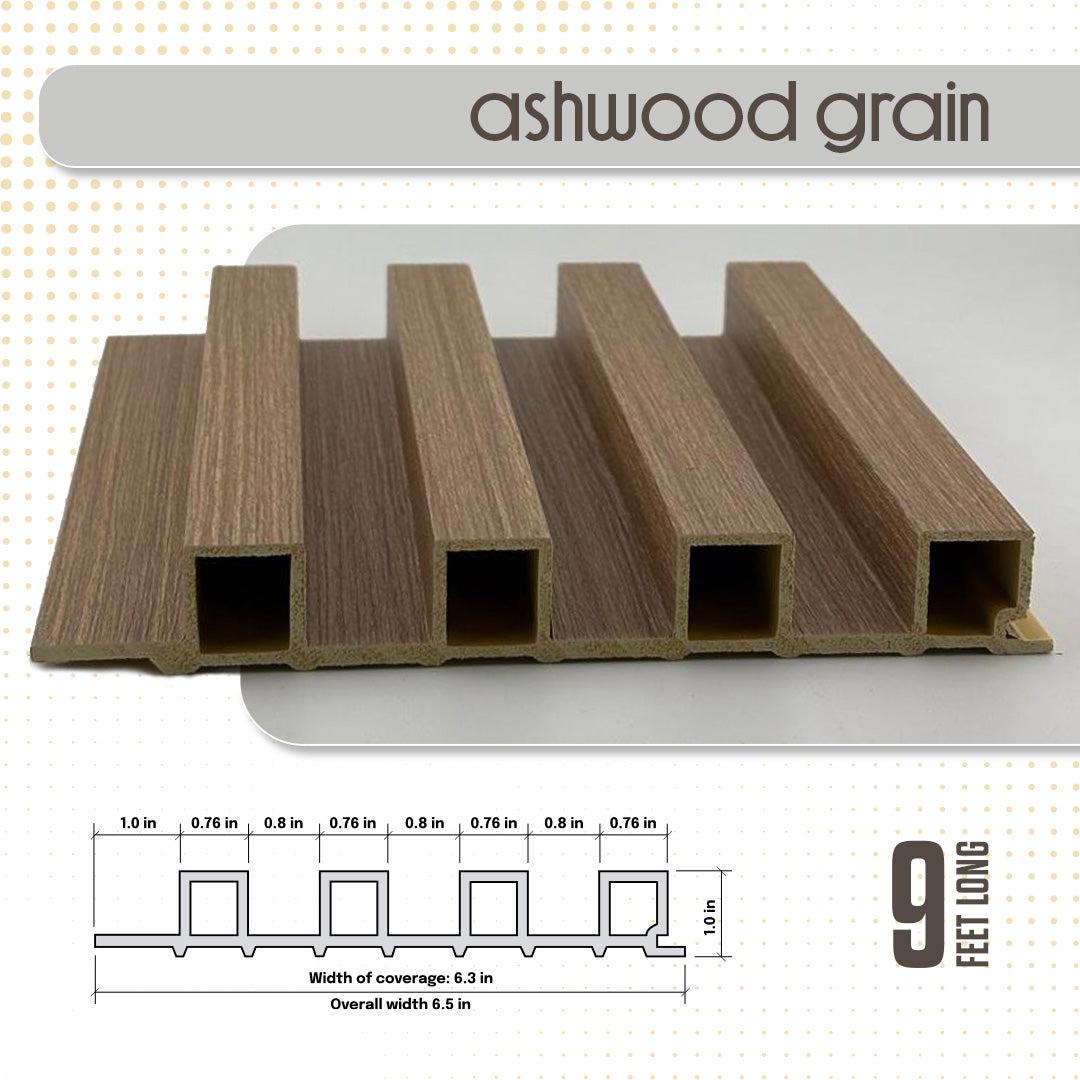 Wooden panel with ashwood grain pattern and measurement details on a white background