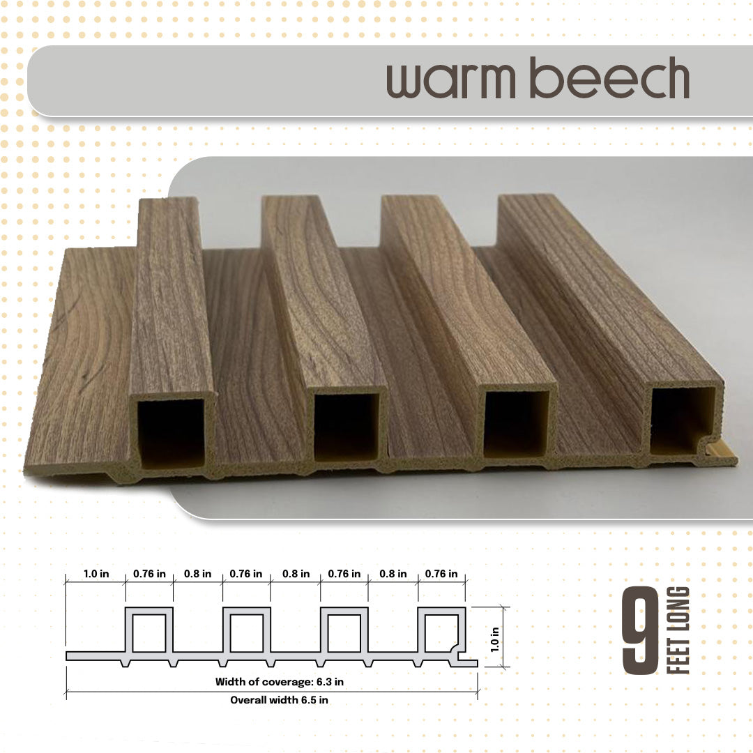 Wooden deck railing system with dimensions and 'warm beech' label on a white background