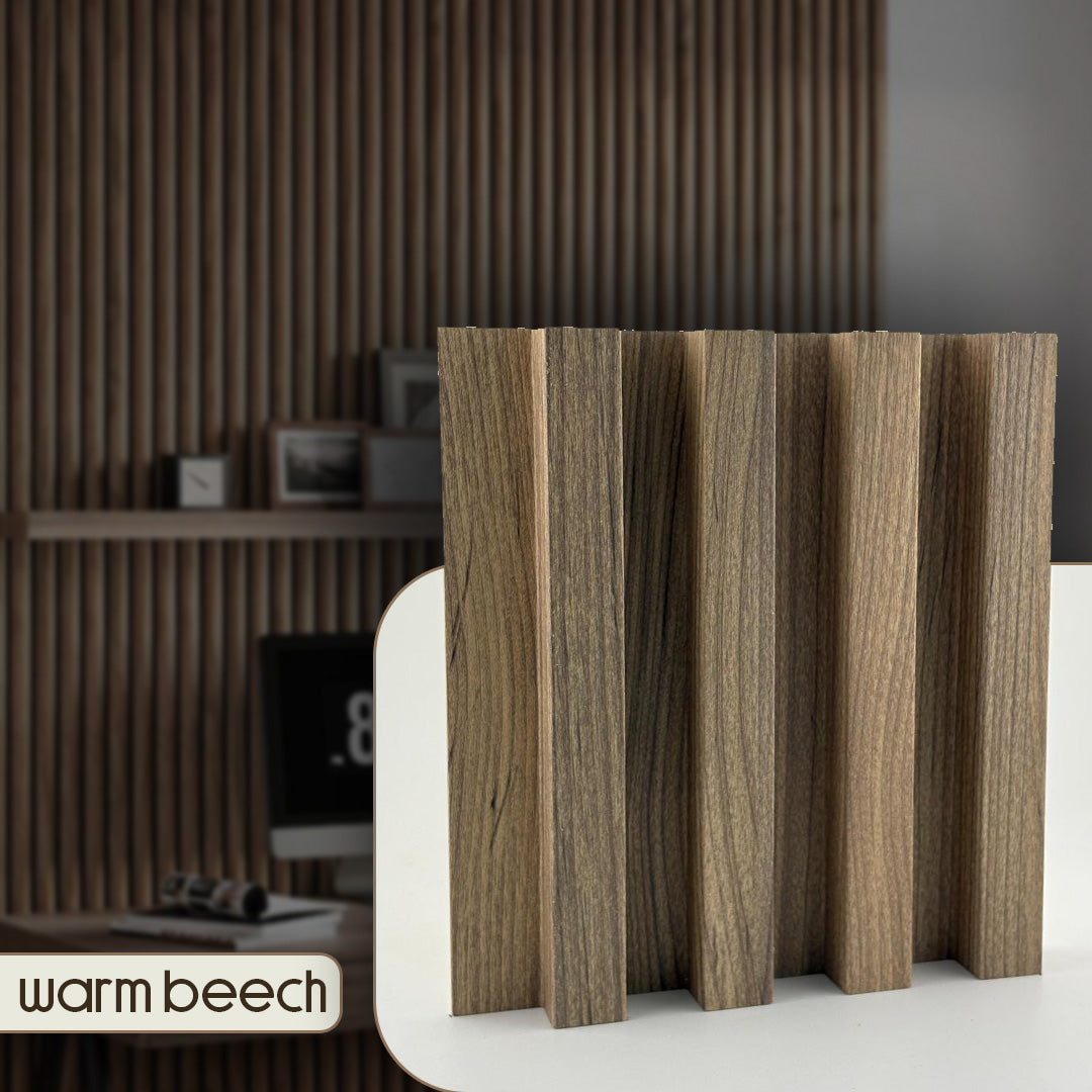 Wooden panel with a striped pattern on a white surface, branded 'warm beech'.