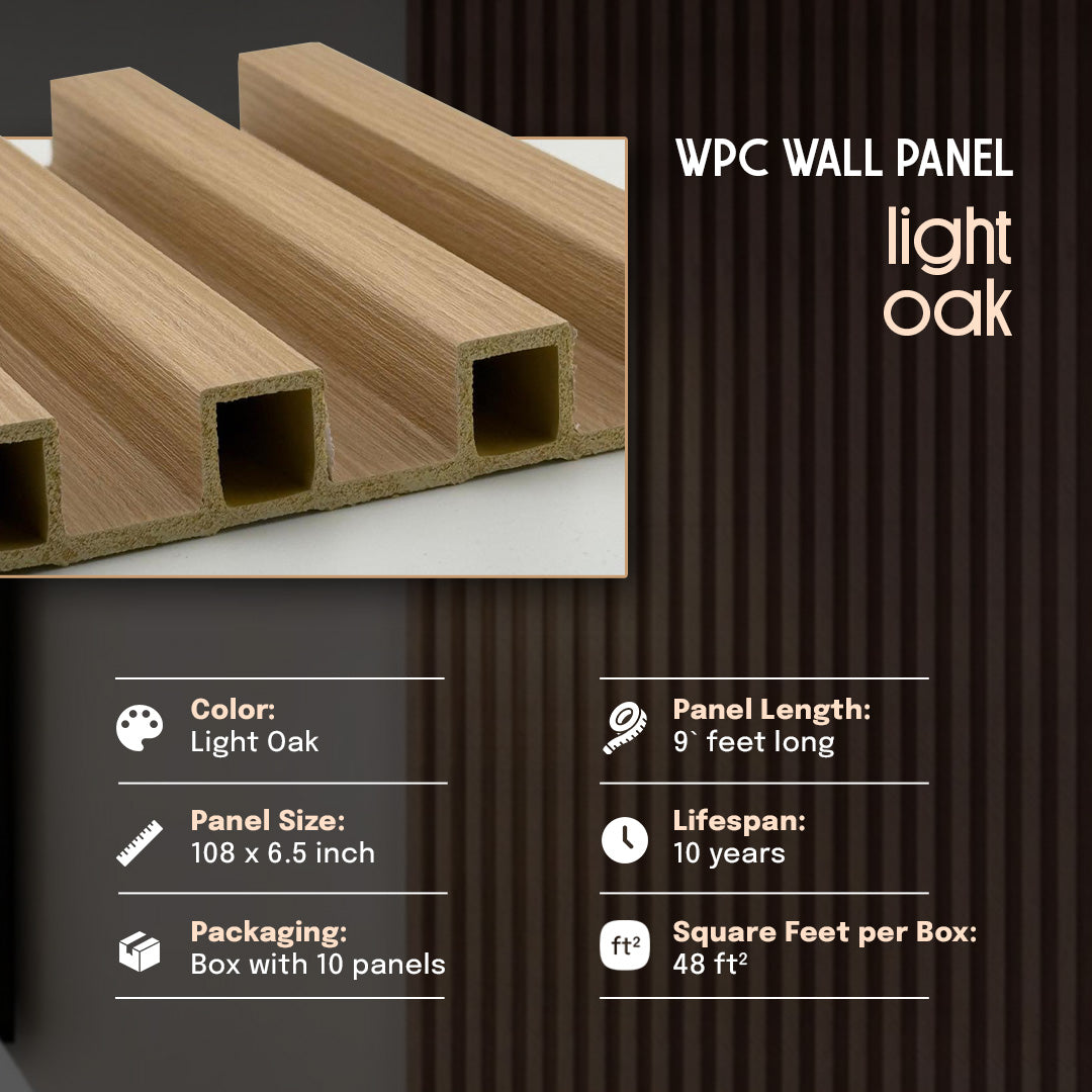 WPC wall panel with light oak finish on a dark background, light oak, wall panel, wpc panel