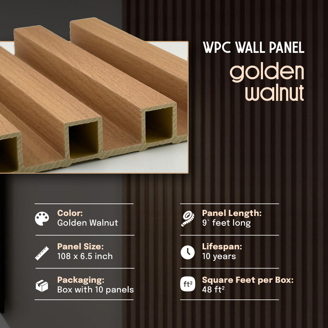 WPC wall panel with golden walnut finish on a dark background, wpc panel, wall panel, wpc wall panel, golden walnut