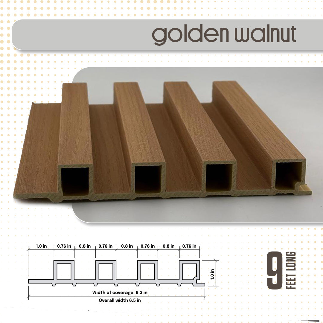 Wooden panel with dimensions and 'golden walnut' label on a white background