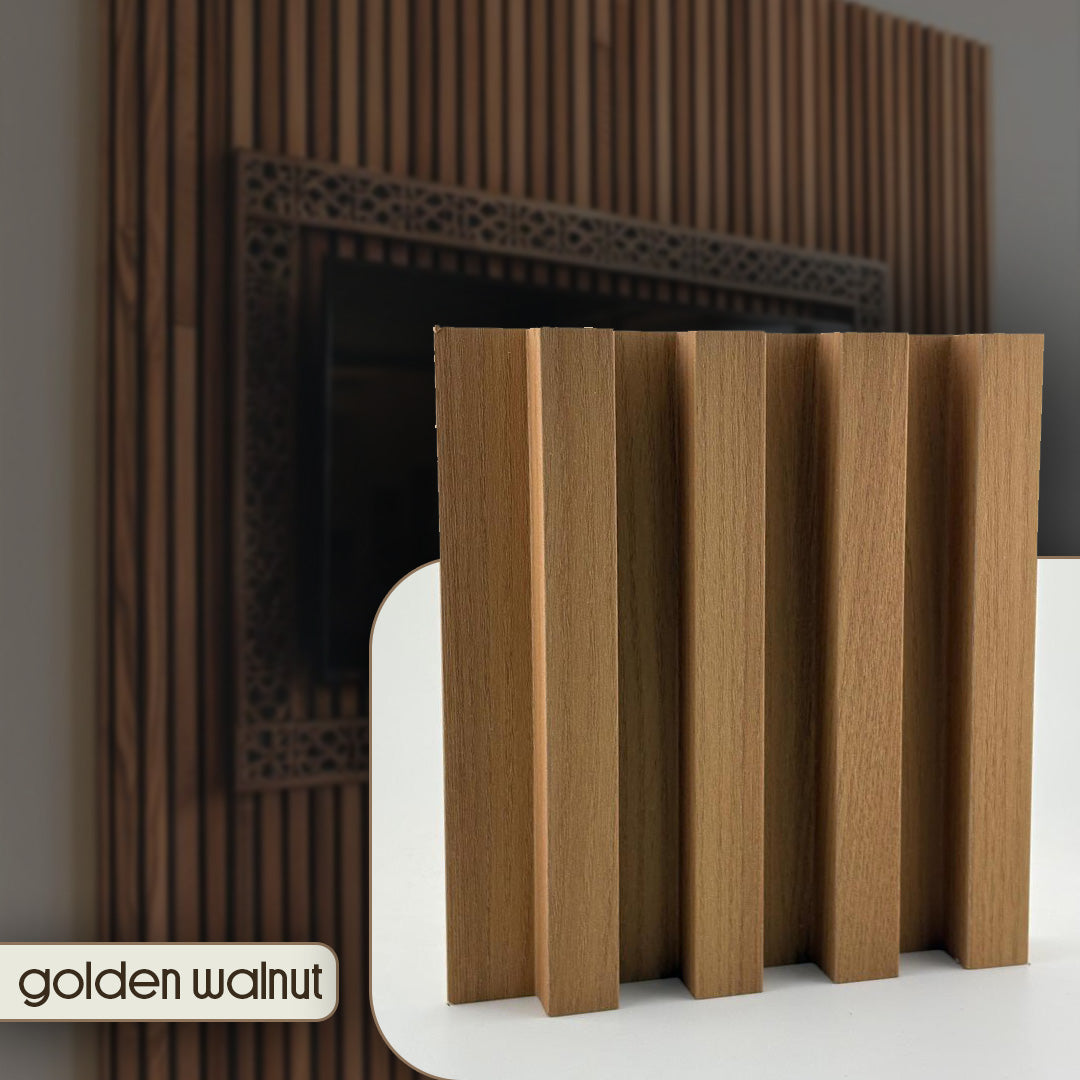 Wooden panel with a ribbed texture on a white surface, branded 'golden walnut'.