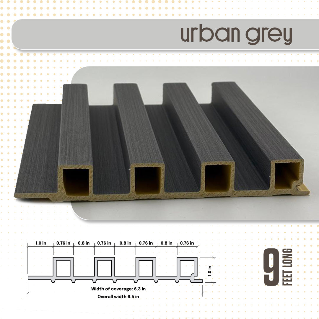 Wooden deck railing with 'urban grey' label and dimensions on a white background