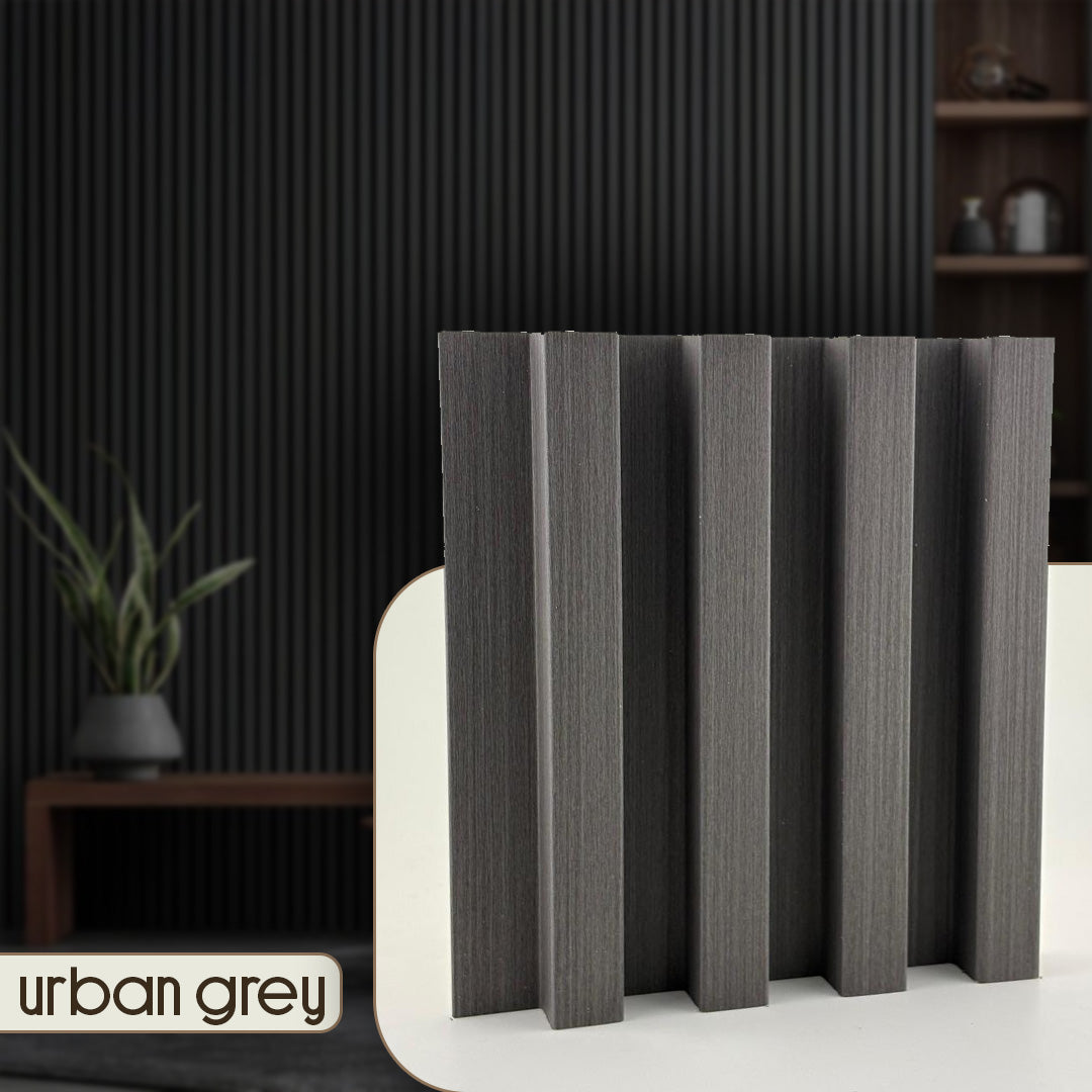 Decorative wall panel with 'urban grey' branding in a minimalistic setting.
