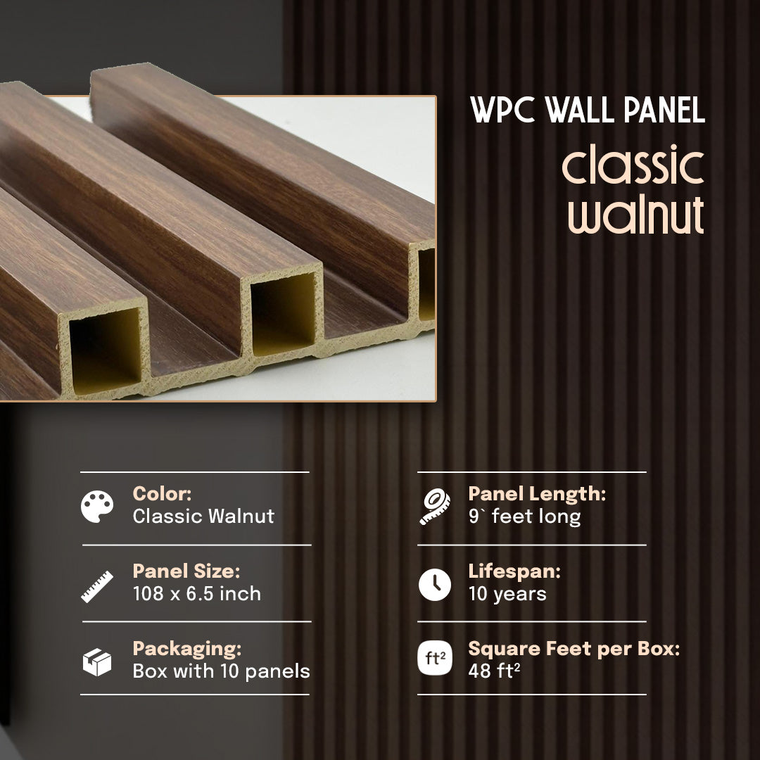WPC wall panel with classic walnut finish on a dark background, wpc, wpc wall panel, wall panel, wpc panel, classic walnut