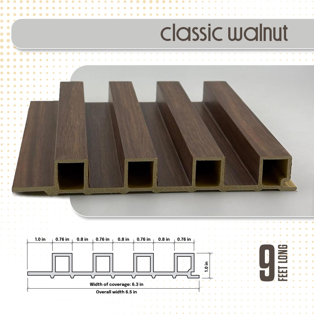 Wooden panel with 'classic walnut' finish and dimensions on a white background