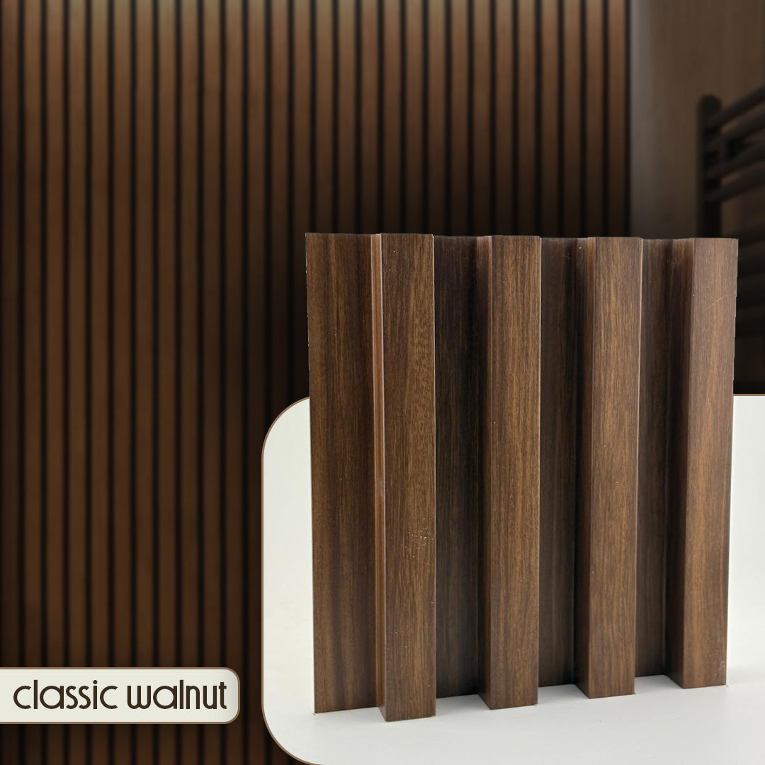 Wooden vase with vertical slats in a classic walnut finish on a white surface.