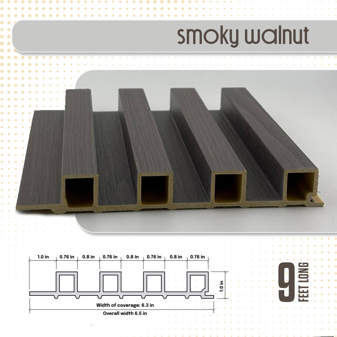 Wooden deck boards with dimensions and 'smoky walnut' label on a white background
