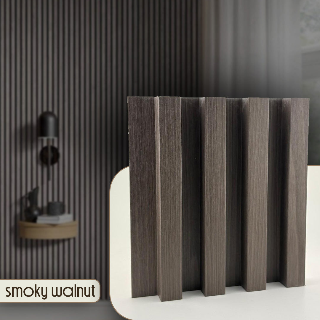 Wooden panel with 'smoky walnut' finish against a dark striped wall.