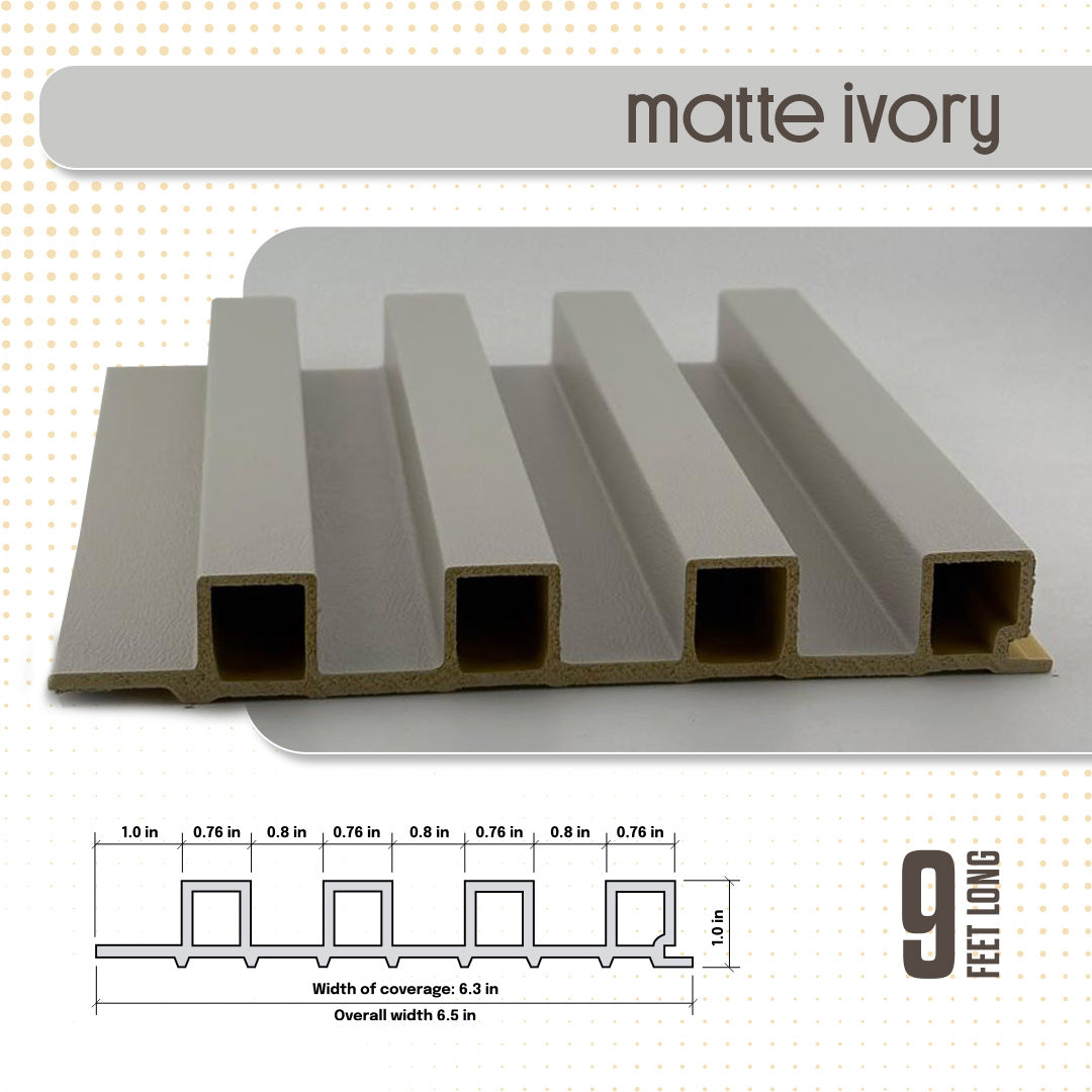 Wooden molding strip with measurements and 'matte ivory' label on a white background