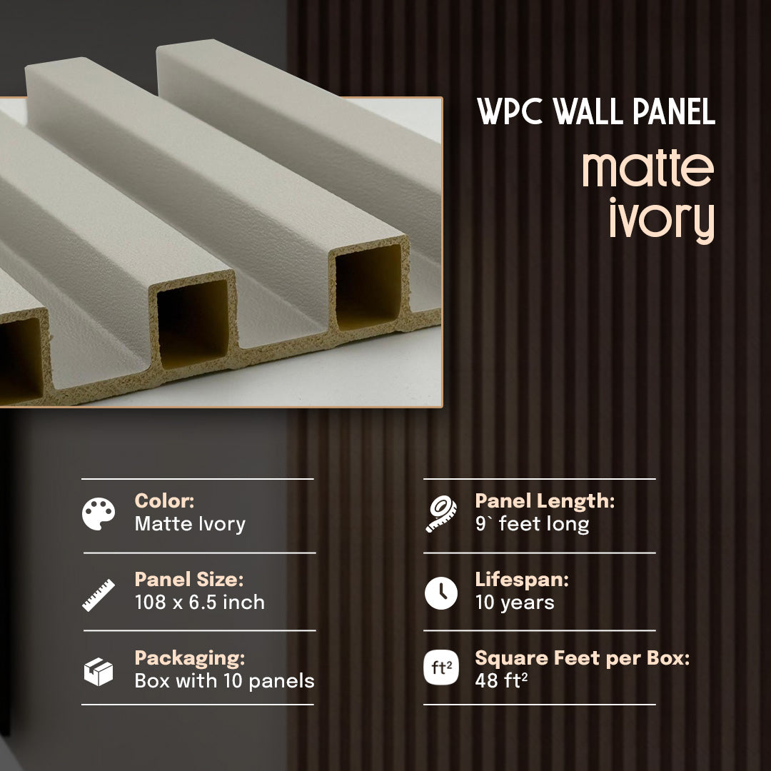 WPC wall panel in matte ivory color with specifications on a dark background, wpc wall panel, wpc panel, matte ivory panel, wall panel