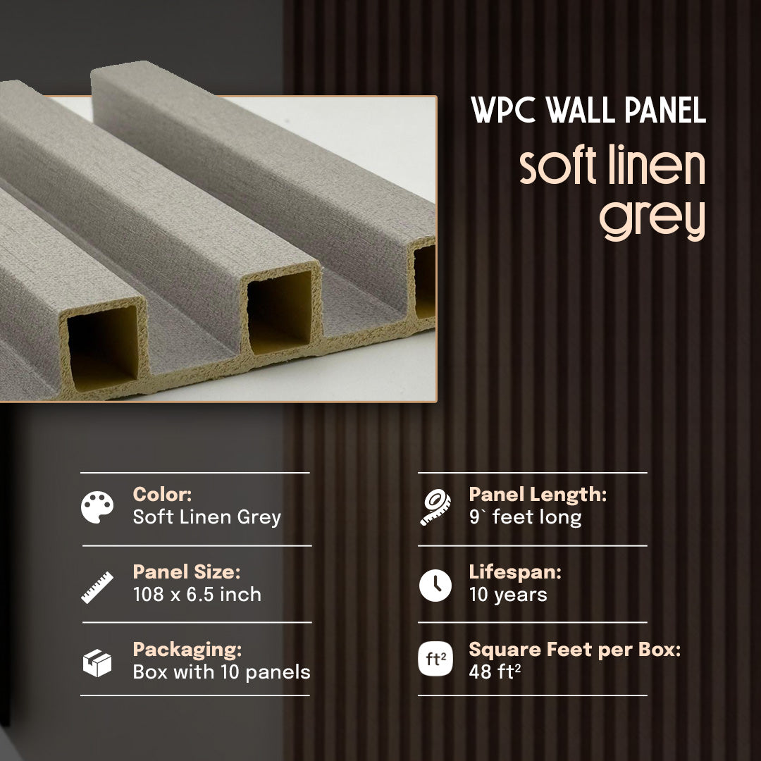 WPC wall panel with soft linen grey color on a dark background,  wpc, wpc wall panel, wall panel, wpc panel, soft linen grey