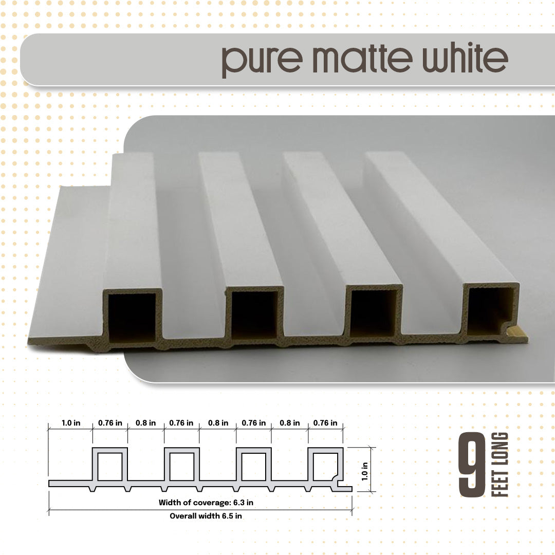 Pure matte white panel with dimensions and specifications on a light gray background