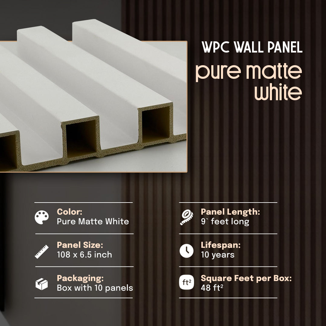 WPC wall panel with specifications on a dark background , wpc, wpc wall, wall panel, wpc wall panel, pure matte white