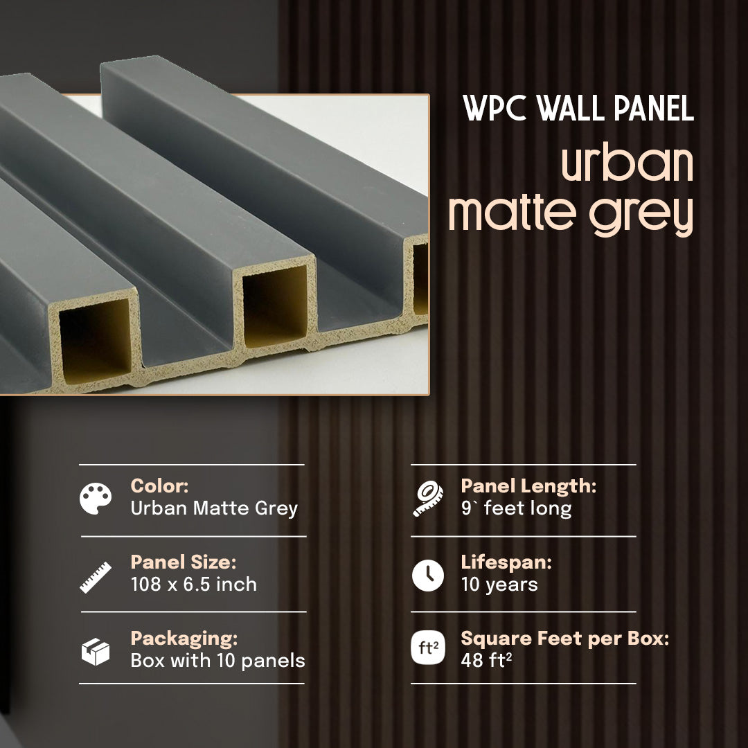 WPC wall panel in urban matte grey with product details on a dark background, wpc wall panel, wpc, wall panel, wpc panel,urban matte grey