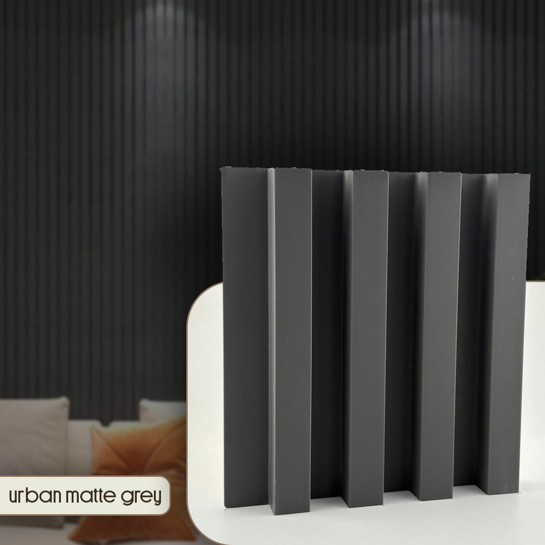 Rectangular panel with ribbed texture in urban matte grey color on a white surface with dark background