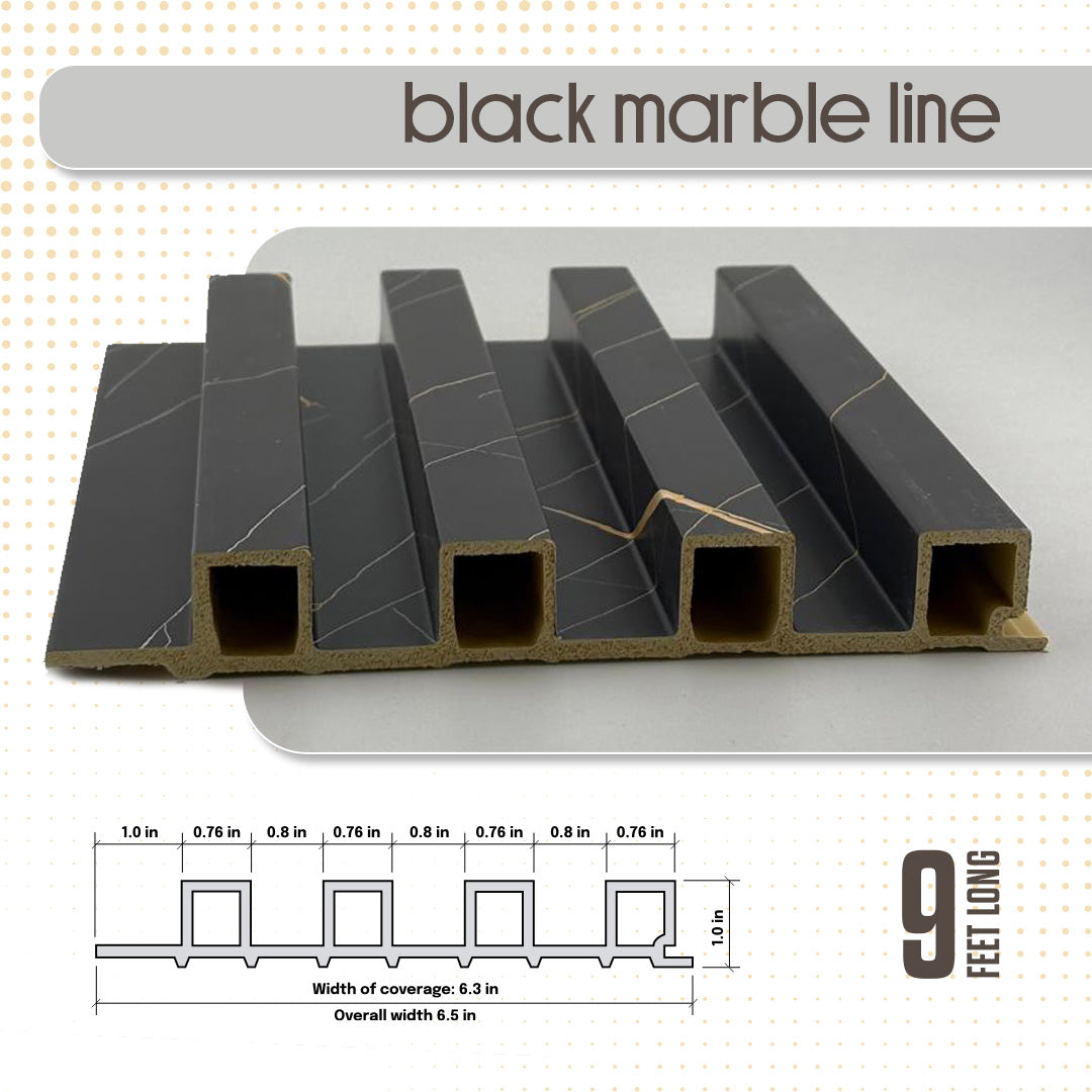 Black marble line strip with dimensions and specifications on a white background