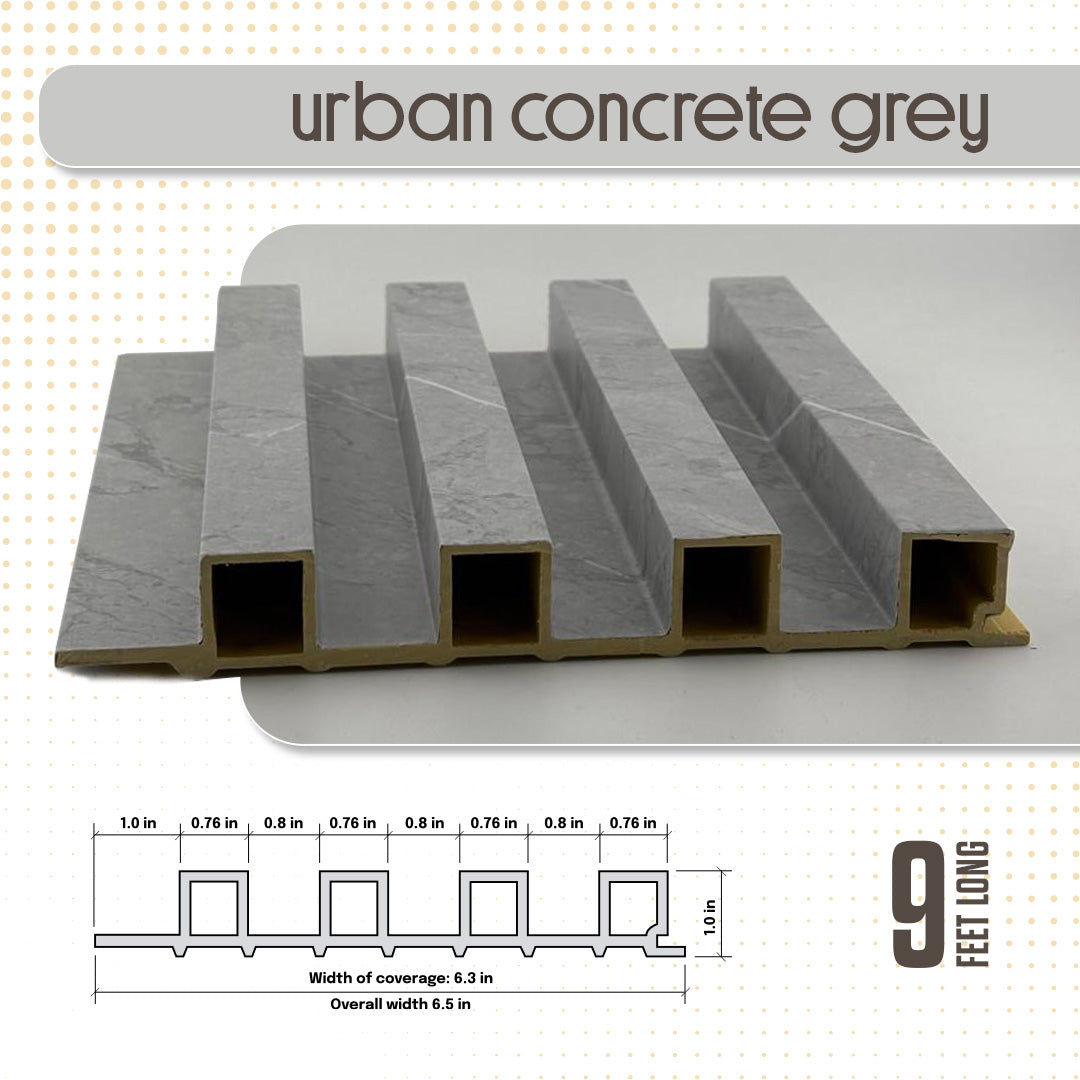 Concrete paver with dimensions and 'urban concrete grey' label on a white background