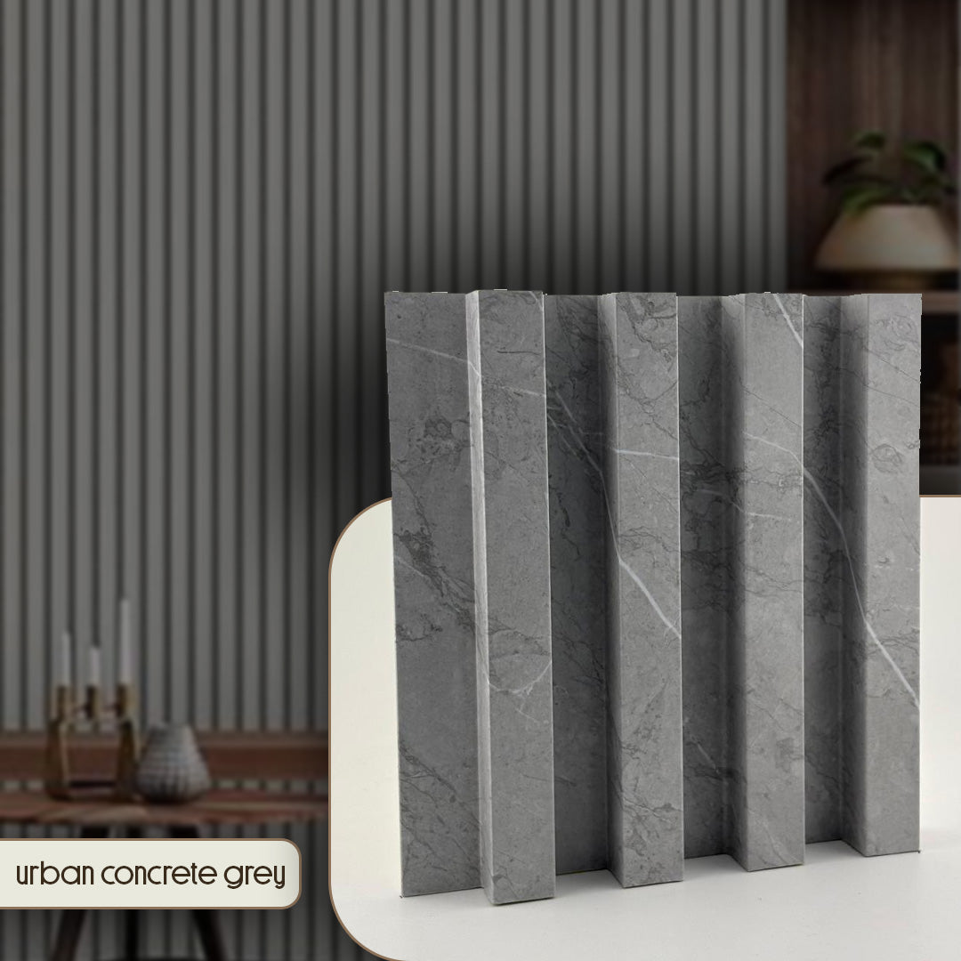 Decorative screen with urban concrete grey finish on a white surface with striped wall background