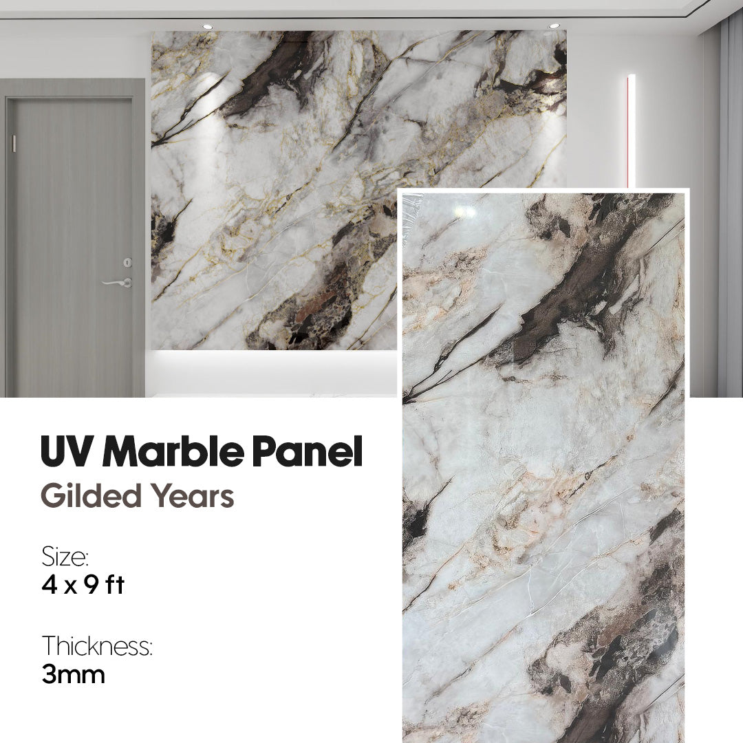 Marble panel with 'Gilded Years' design, size 4x9 ft, thickness 3mm, on a white background, UV Marble, uv marble sheet, marble, gilded years marble