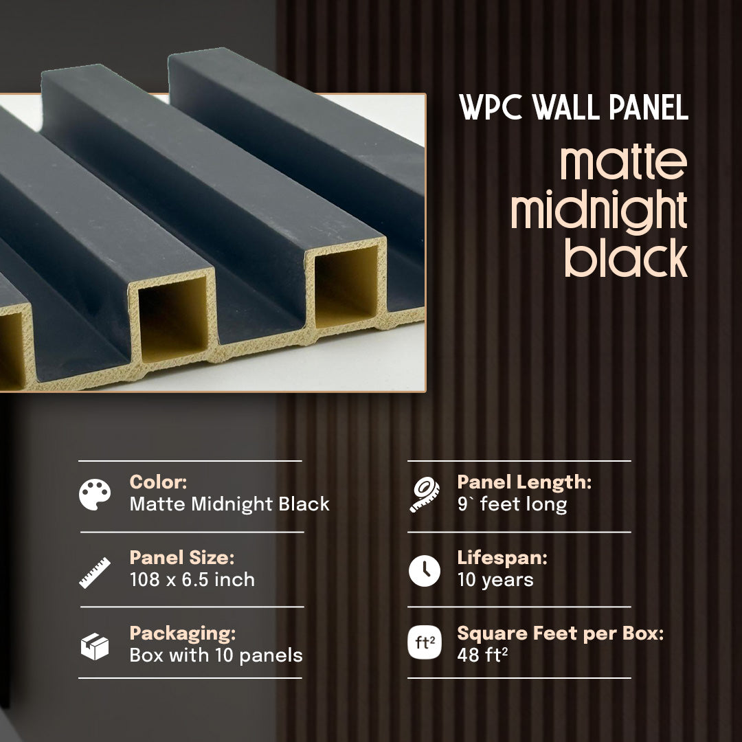 WPC wall panel in matte midnight black with product details on a dark background, wpc, wpc wall panel, wall panel, matte midnight black