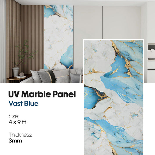 Marble panel with blue and gold design in a room setting, uv marble,marble, wall panel, uv marble panel, vast blue marble, wall panel