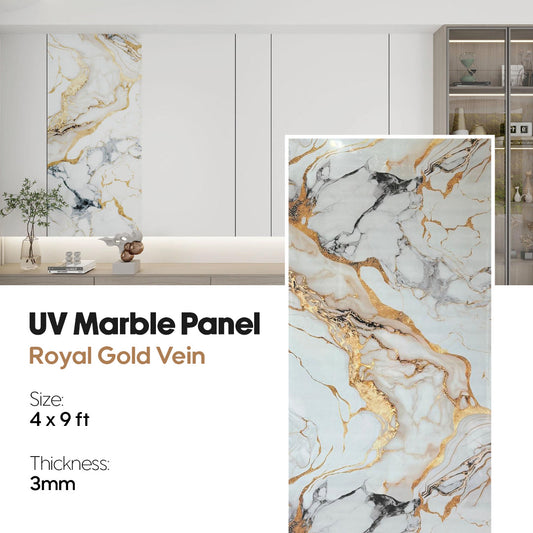 Marble panel with gold vein pattern in a kitchen setting, uv marble, marble, wall panel, royal gold vein