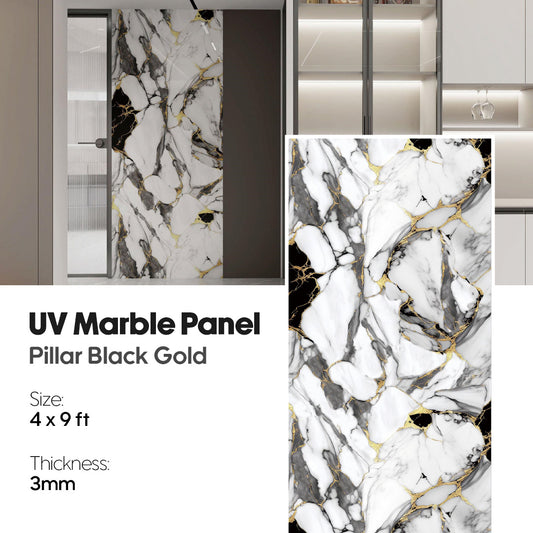 UV Marble Panel with 'Pillar Black Gold' design on a white background, uv marble, uv marble sheet, marble, pillar black gold