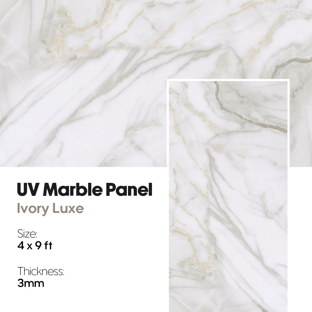 UV Marble Panel in Ivory Luxe with size, thickness, and material details, uv marble, uv marble panel, marble, wall panel, Ivory Luxe