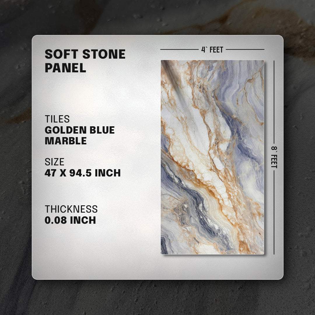Soft stone panel with marble design and product details on a dark background, golden blue marble, faux stone wall panel, wall panel, soft stone wall panel, soft stone panel, stone look panel