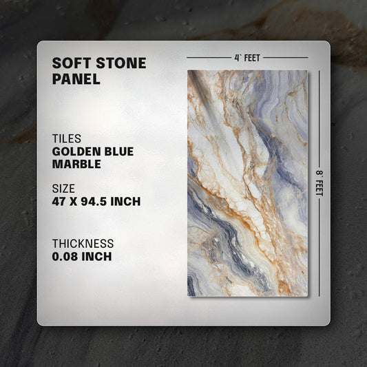 Soft stone panel with marble design and product details on a dark background, golden blue marble, faux stone wall panel, wall panel, soft stone wall panel, soft stone panel, stone look panel