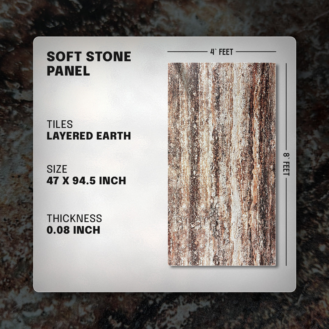 Soft stone panel with layered earth design, size, thickness, and dimensions displayed,faux stone panel,wall panels