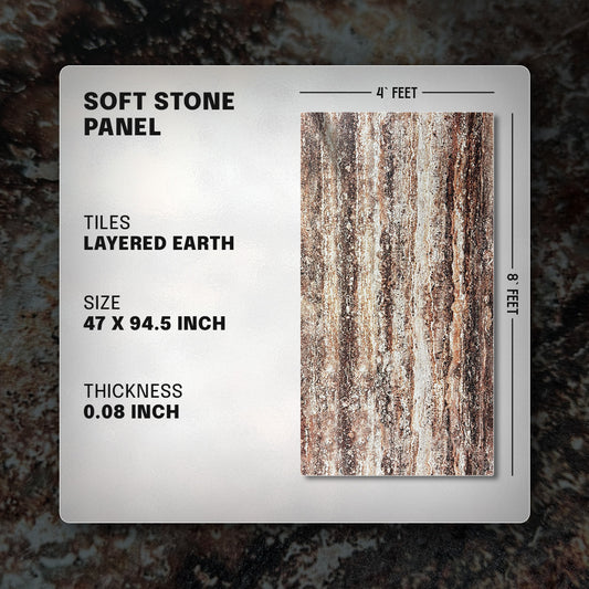 Soft stone panel with layered earth design, size, thickness, and dimensions displayed,faux stone panel,wall panels