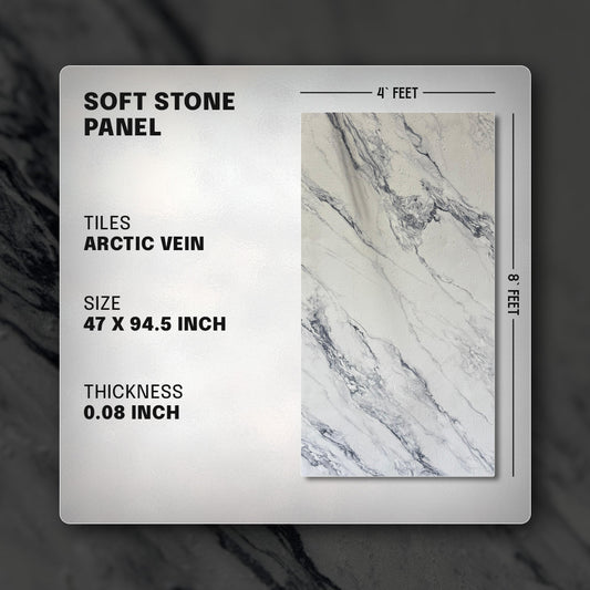 Soft stone panel with marble pattern and product details on a gray background, soft stone, faux stone, wall panel