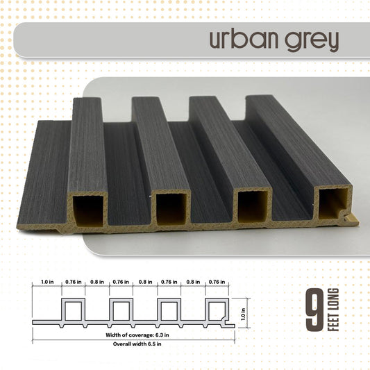Wooden deck railing with 'urban grey' label and dimensions on a white background