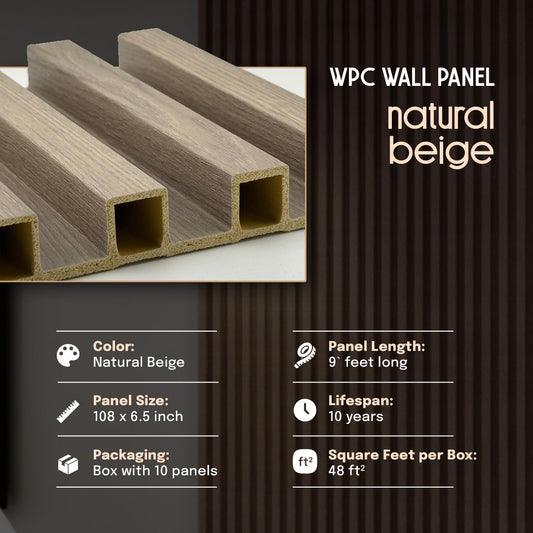 WPC wall panel with natural beige color, specifications, and packaging details on a dark background, natural beige, wpc wall panel, wall panel, wpc panel