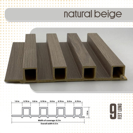 Wooden deck boards with dimensions and natural beige label on a white background