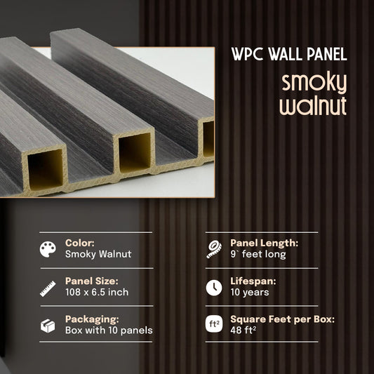 WPC wall panel in smoky walnut color with product details on a dark background, wpc wall panel, wall panel, smoky walnut