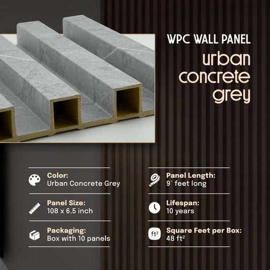 WPC wall panel with specifications on a dark background wpc , wpc wall panel, wall panel, urban concrete grey