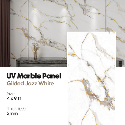 UV Marble Panel with gilded jazz white pattern on a marble wall, uv marble, marble, gilded jazz white, marble