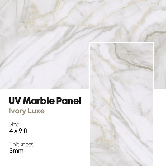 UV Marble Panel in Ivory Luxe with size, thickness, and material details, uv marble, uv marble panel, marble, wall panel, Ivory Luxe