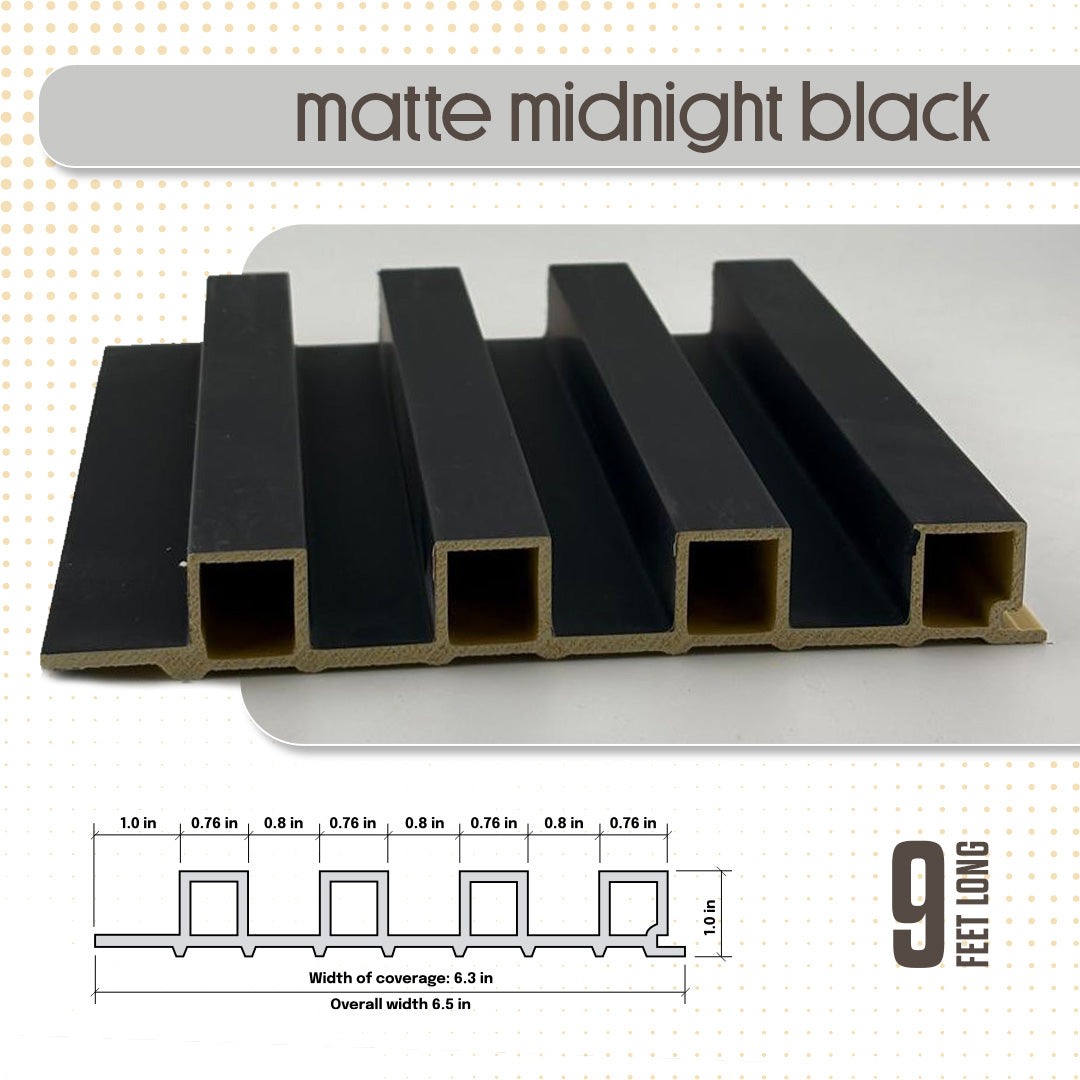 Black rectangular panels with measurements and 'matte midnight black' text on a white background