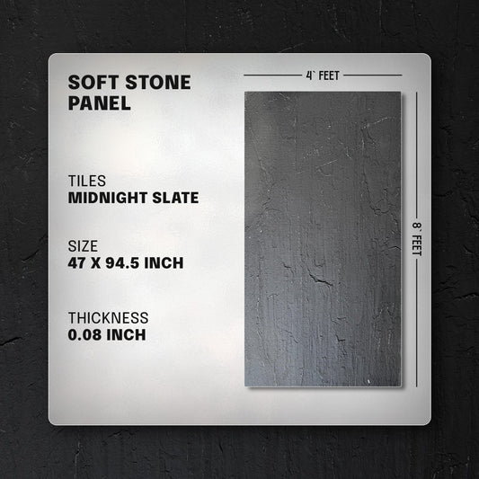 Soft stone panel with dimensions and specifications on a black background, soft stone, wall panel, soft stone panel, midnight slate., faux stone, faux stone wall panel, 